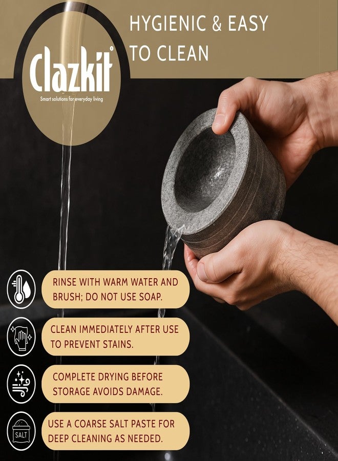 Clazkit Oothukuli Stone Mortar and Pestle Set - 5 Inch Okhli/Khalbatta/Idi Kallu - Traditional Hand Grinder for Chutney, Spices, Herbs & Ginger-Garlic Crushing - Grey - Image 5